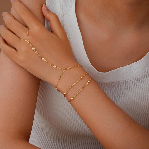 Hand Chain Bracelet Ring Hand Chain 2 PCS 14K Dainty Finger Jewelry - Picture 5 of 9